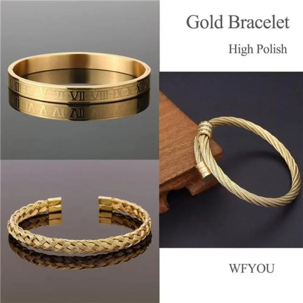 3PCS Stainless Steel Bracelets Gold Roman Numeral Bangle Bracelet
